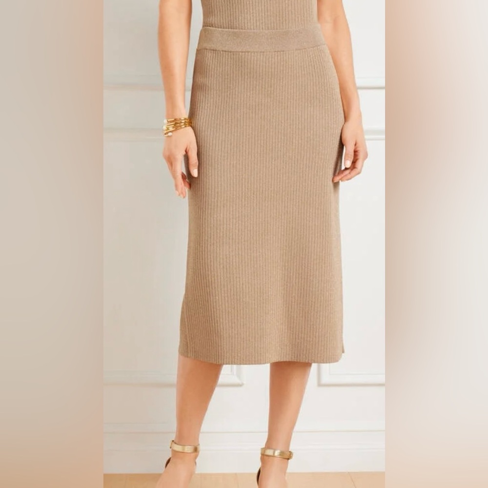 NWT NEW Talbots PULL ON METALLIC GOLD RIBBED KNIT SWEATER MIDI SKIRT XL SPARKLE